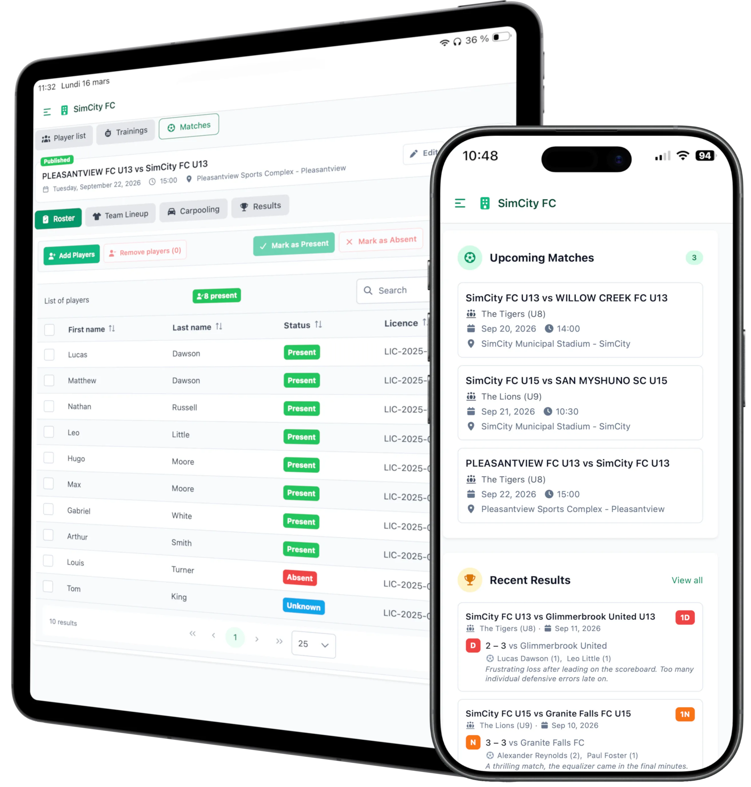 Footly interface – team selection and match management