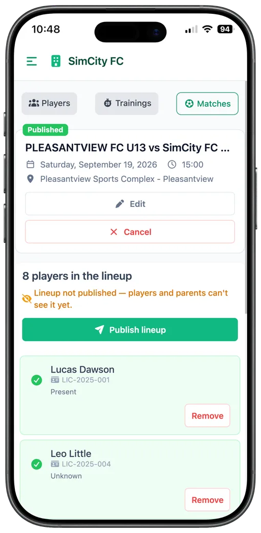 Mobile screen for selecting players from a list, coach view