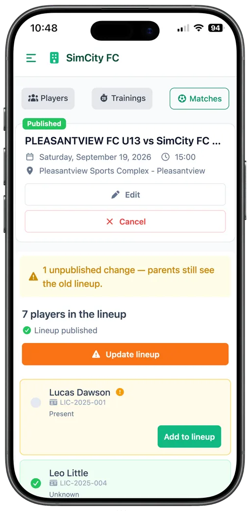 Mobile screen for publishing the team lineup, coach view