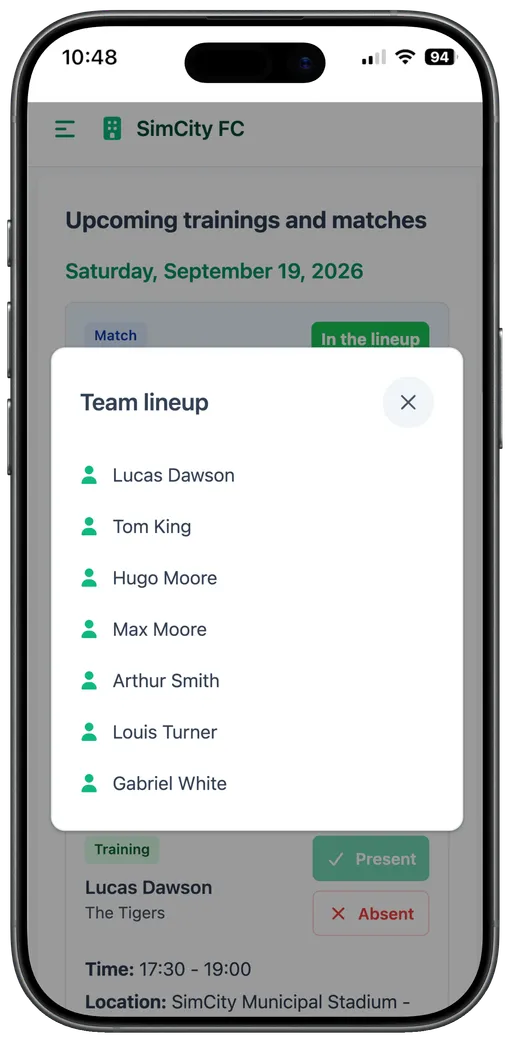 Mobile screen showing the published lineup, player or parent view