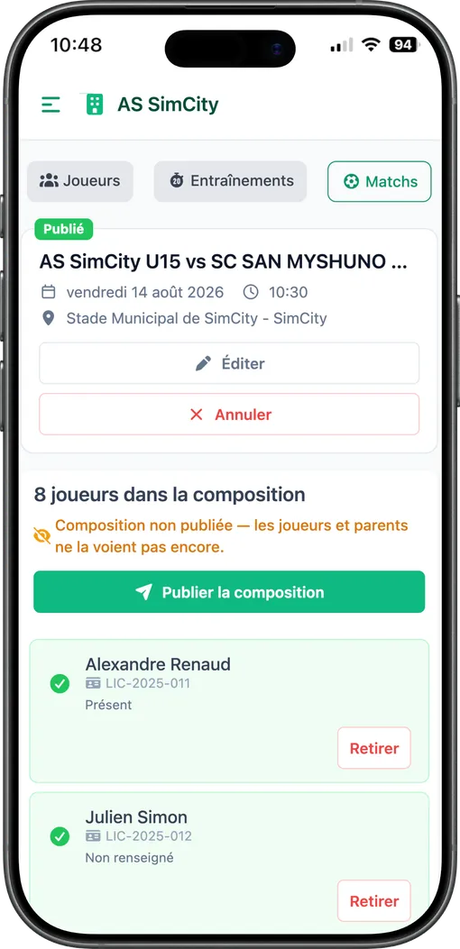 Écran mobile de sélection des joueurs dans une liste, côté coach