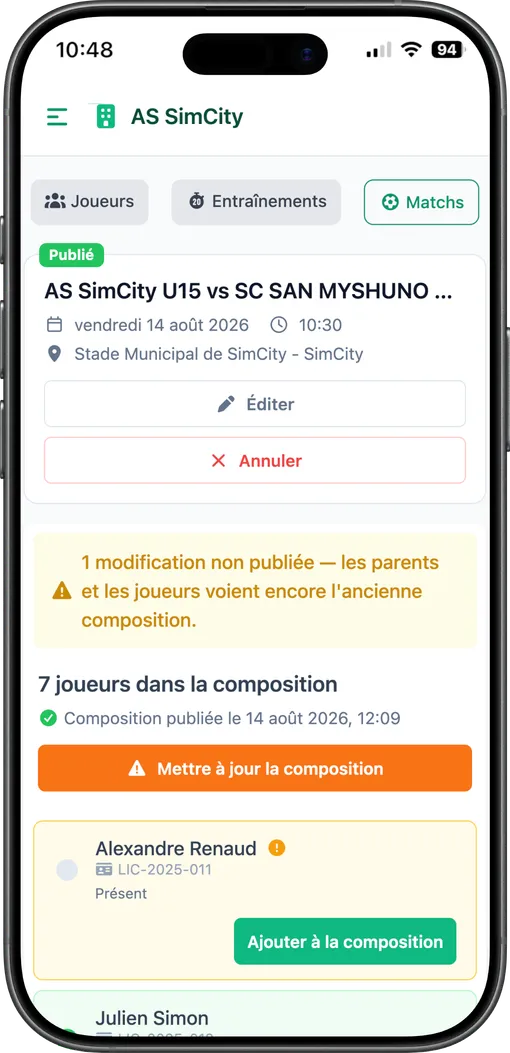 Écran mobile de publication de la composition, côté coach