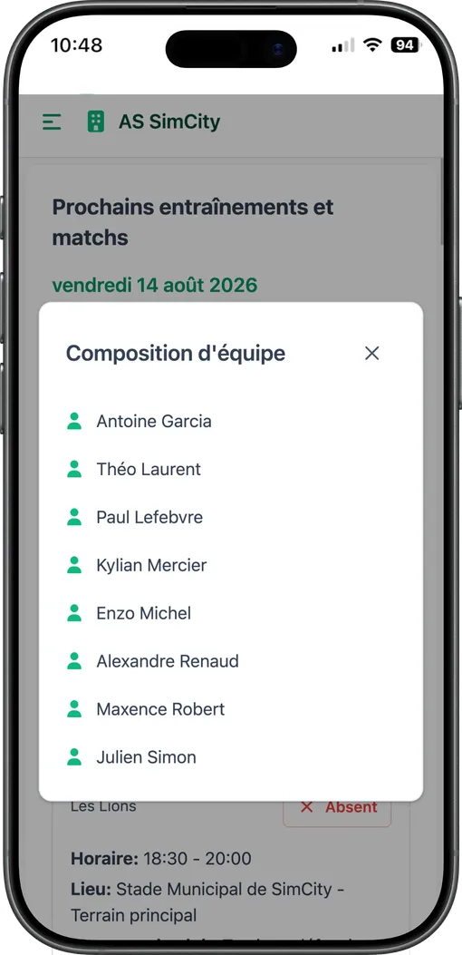 Écran mobile de consultation de la composition publiée, côté joueur ou parent