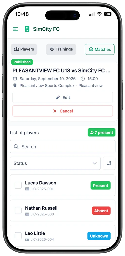 Mobile screen showing the list of called-up players and their status, coach view