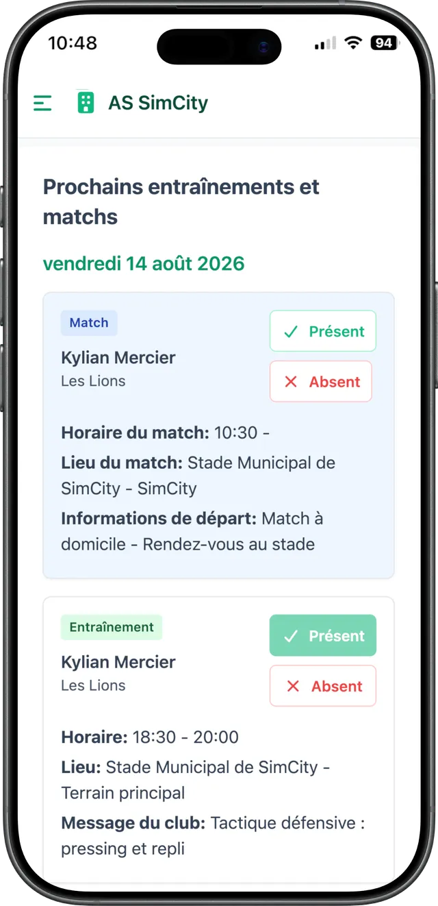 Écran mobile de réponse présent ou absent à une convocation