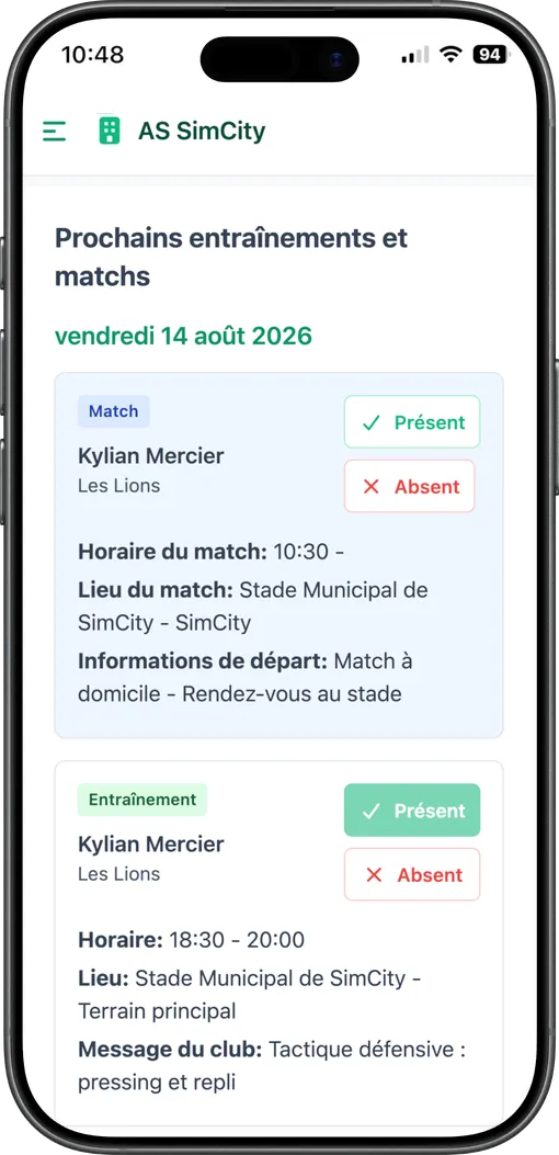 Écran mobile de réponse présent ou absent à une convocation