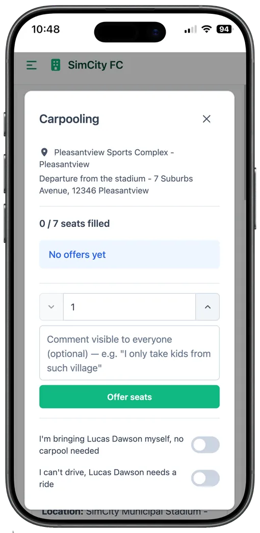 Mobile screen for offering seats or flagging a lift needed, parent view