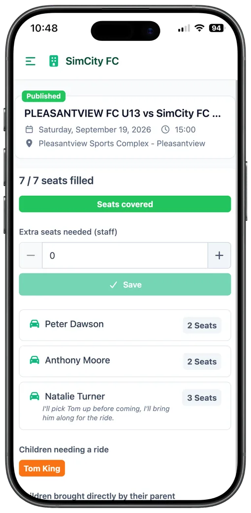 Mobile screen summarising carpooling seats, coach view