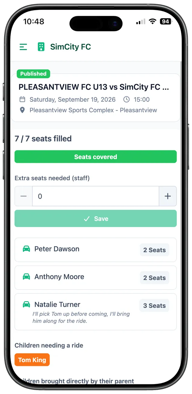 Mobile screen summarising carpooling seats, coach view