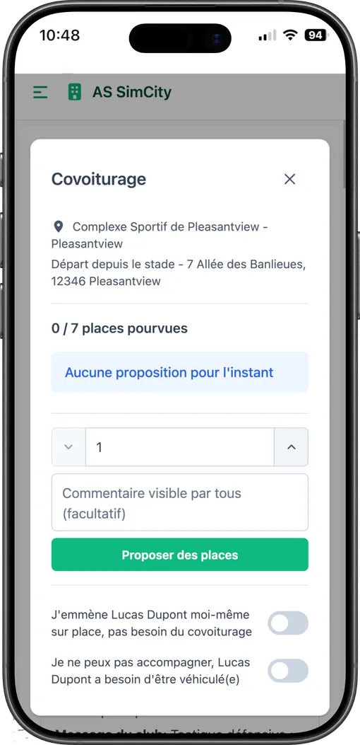 Écran mobile de proposition de places ou de besoin de transport, côté parent