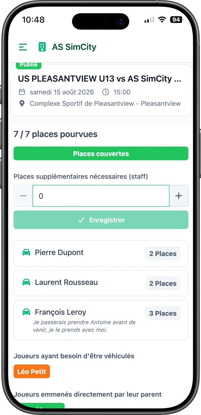 Écran mobile du récapitulatif des places de covoiturage, côté coach