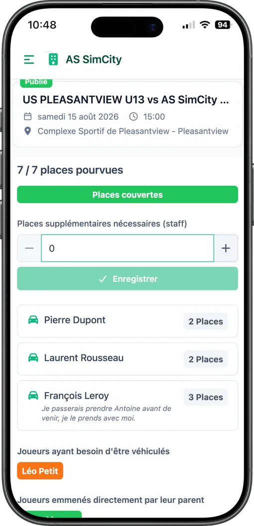 Écran mobile du récapitulatif des places de covoiturage, côté coach