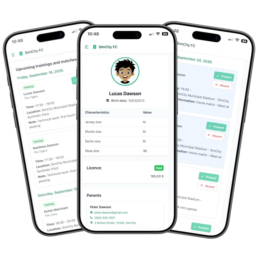Parent interface – football club management app