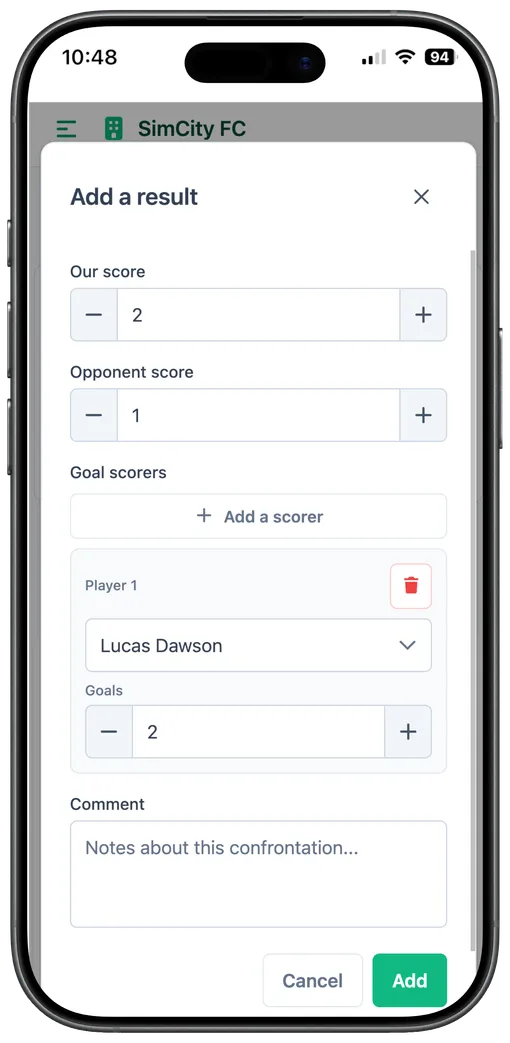 Mobile screen for entering a match result, coach view
