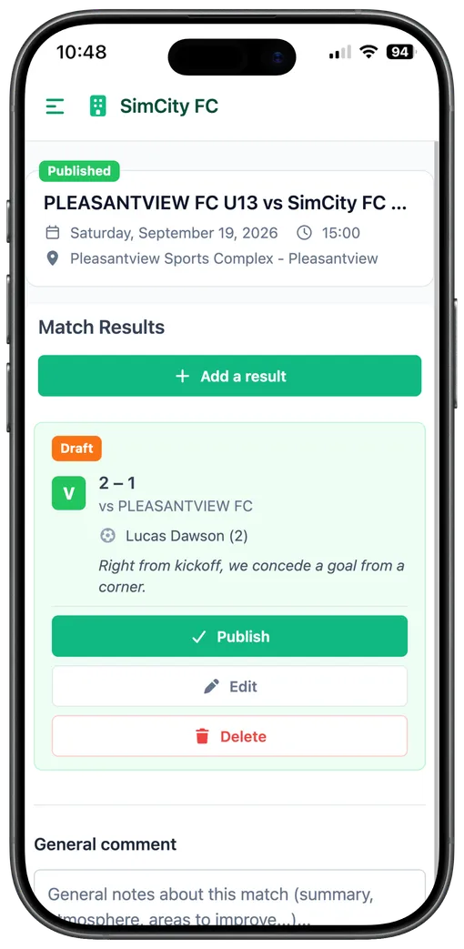 Mobile screen for publishing the result, coach view