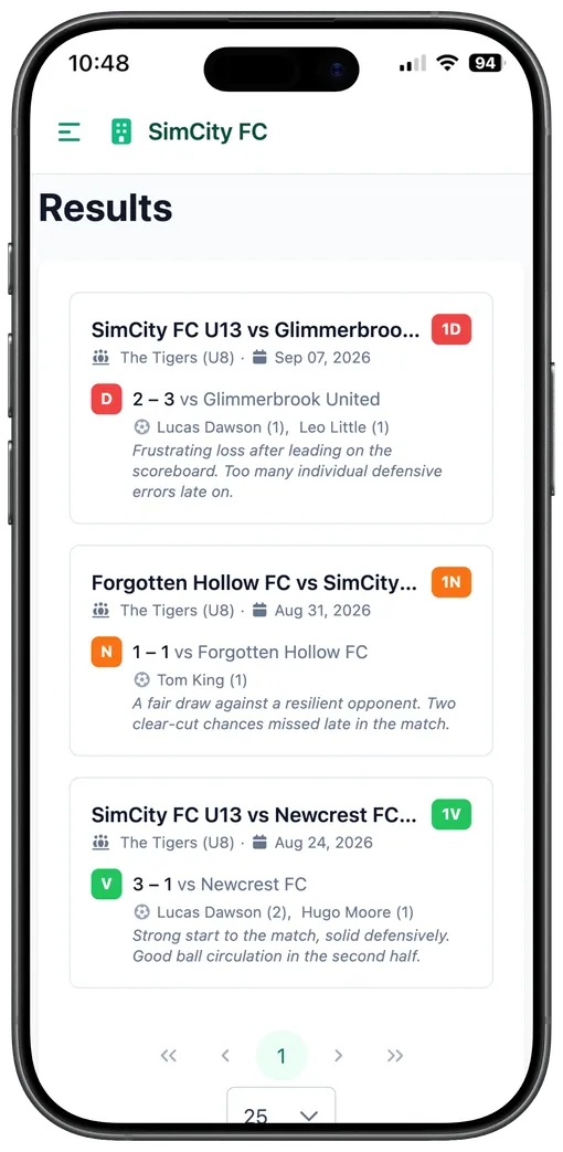 Mobile screen showing the season's results history, parent view