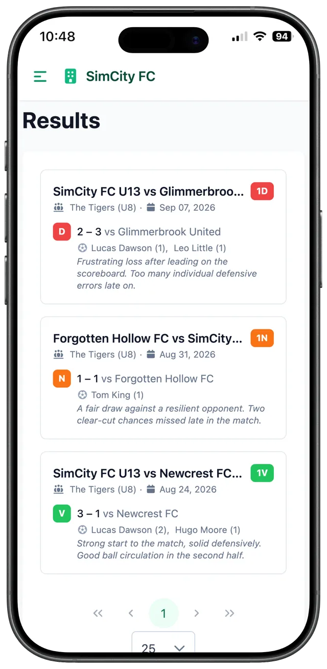 Mobile screen showing the season's results history, parent view