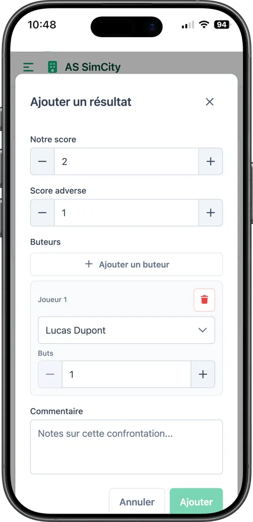 Écran mobile de saisie du résultat d'un match, côté coach