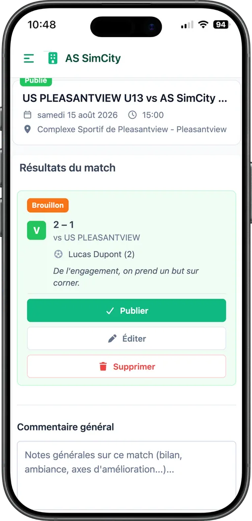 Écran mobile de publication du résultat, côté coach