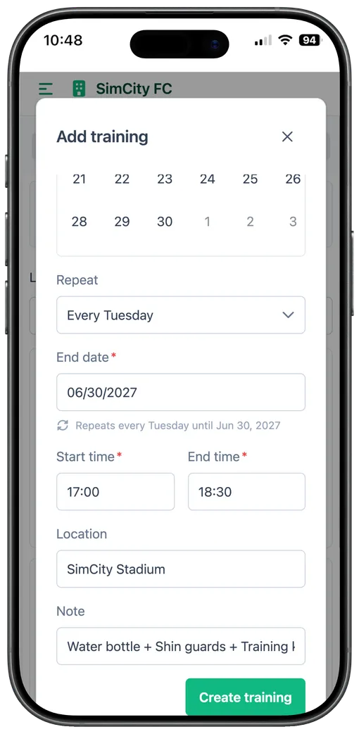 Mobile screen for setting up a recurring training schedule, coach view