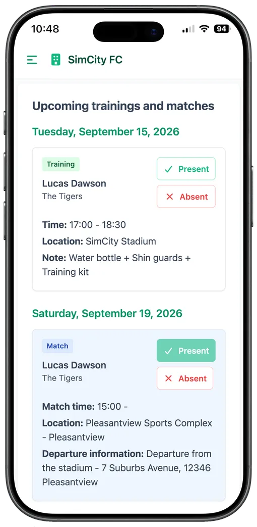 Mobile screen for replying in or out to a training session, parent view