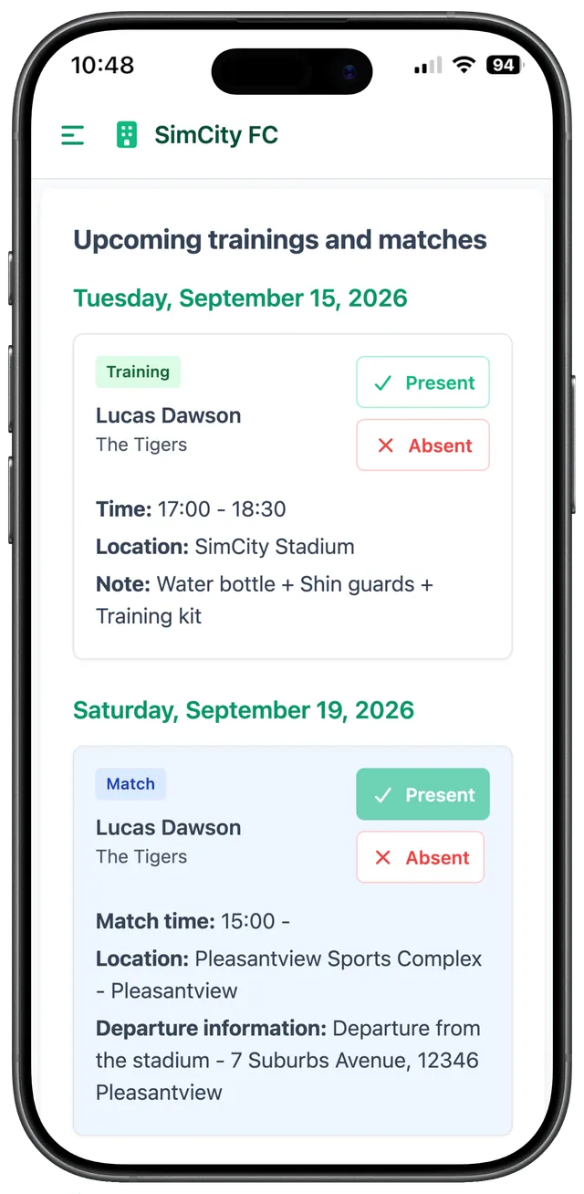 Mobile screen for replying in or out to a training session, parent view
