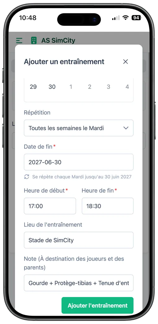 Écran mobile de création d'une récurrence d'entraînement, côté coach