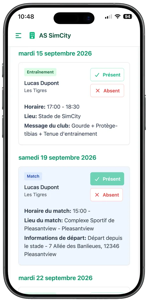 Écran mobile de réponse présent ou absent à un entraînement, côté parent