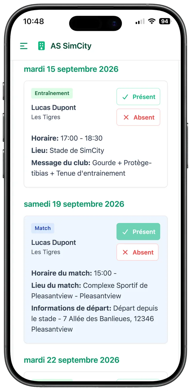 Écran mobile de réponse présent ou absent à un entraînement, côté parent